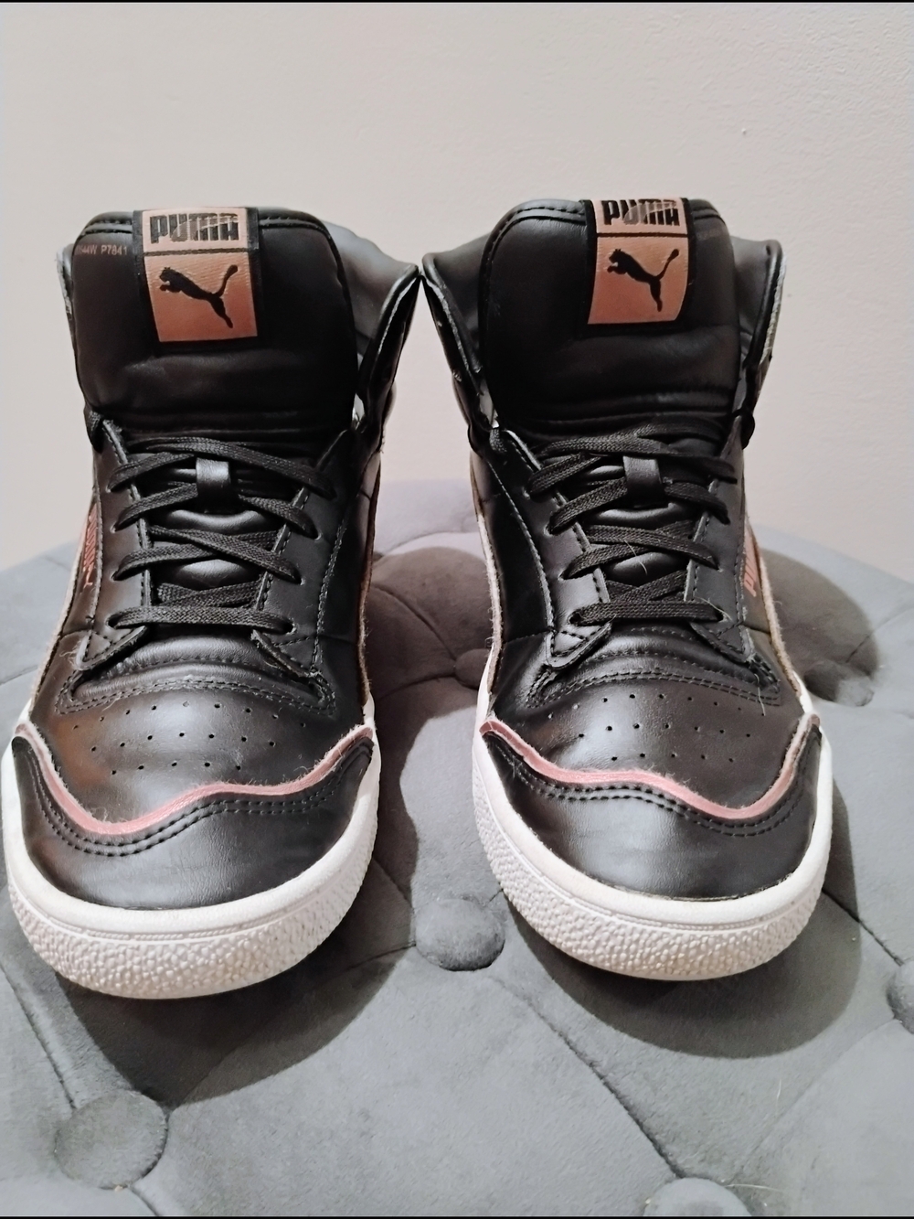 Puma Ralph Sampson High-Top Sneakers in Black with Rose Gold Accents